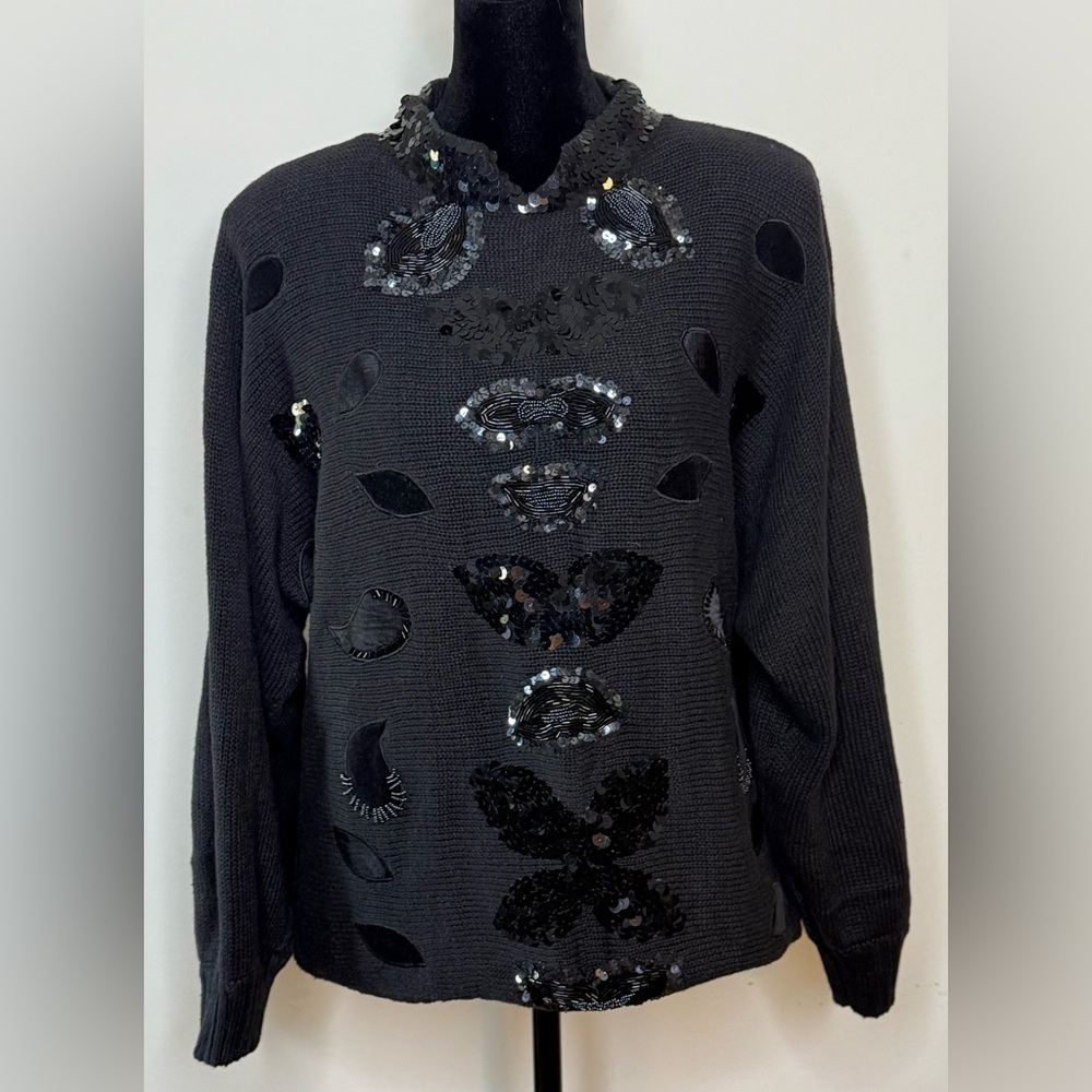 Vintage 80’s Bonnie and Bill sequins black sweater shoulder pads large EUC